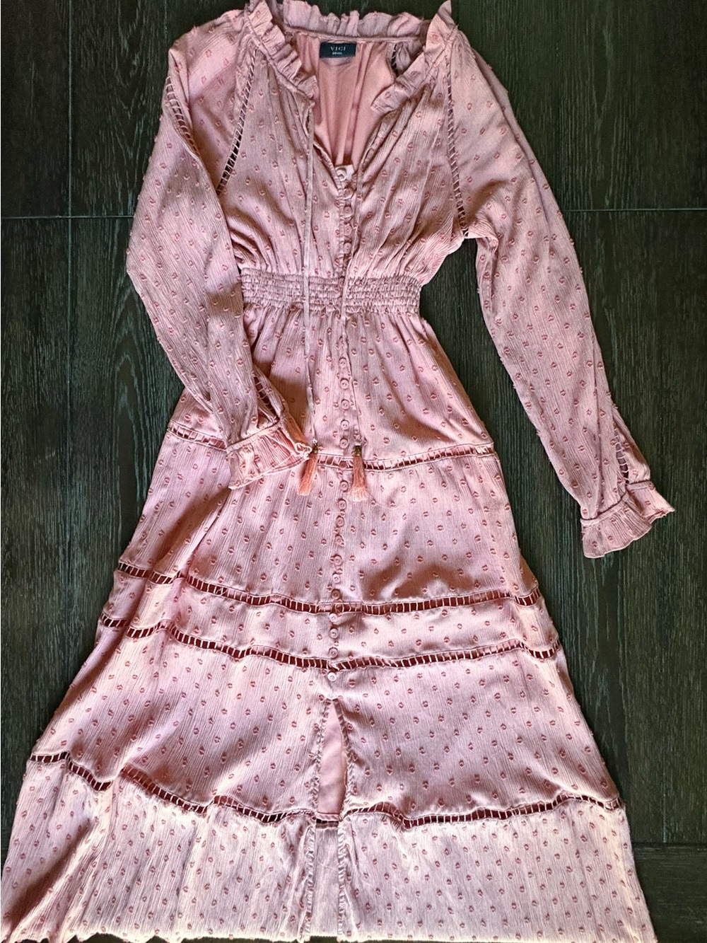 VICI Collection Swiss Dot Boho Maxi Dress Pink Long Sleeve Tiered S VGUC